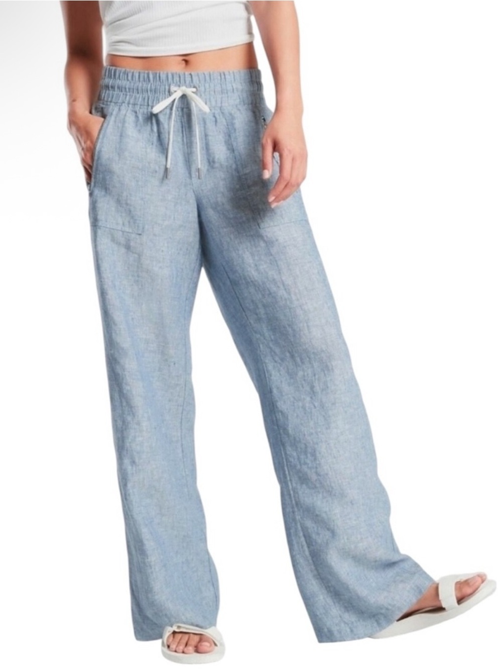ATHLETA Cabo Linen Wide Leg Pants Coastal Beachy Summer Breathable Blue 12 Tall